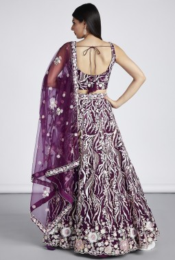Burgundy Net Sequins Wedding Lehenga Choli