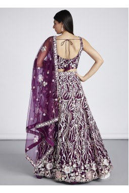 Burgundy Net Sequins Wedding Lehenga Choli
