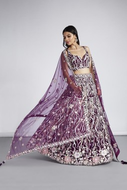 Burgundy Net Sequins Wedding Lehenga Choli