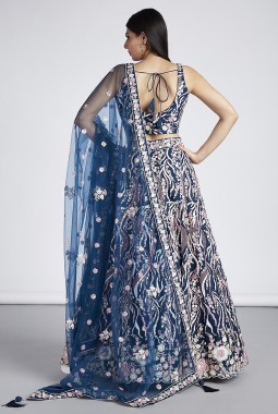 Navy Blue Net Sequins Wedding Lehenga Choli