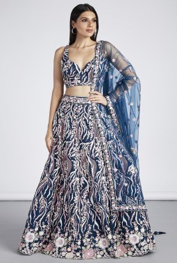 Navy Blue Net Sequins Wedding Lehenga Choli