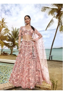 Coral Net Sequins Wedding Lehenga Choli