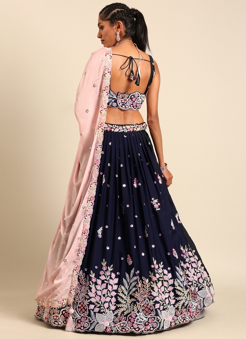 Navy Blue Georgette Sequin Wedding Lehenga Choli