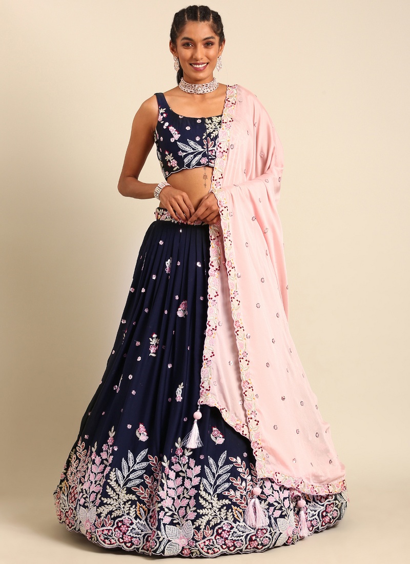 Navy Blue Georgette Sequin Wedding Lehenga Choli