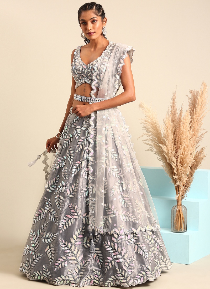 Grey Organza Sequins Wedding Lehenga Choli