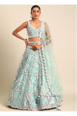 Turquoise Blue Organza Sequins Wedding Lehenga Choli