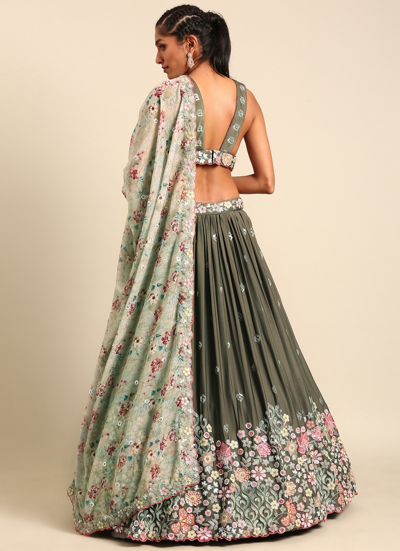 Olive Chinon Sequins Wedding Lehenga Choli