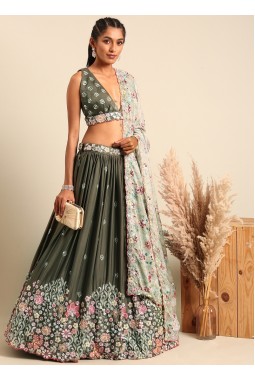 Olive Chinon Sequins Wedding Lehenga Choli