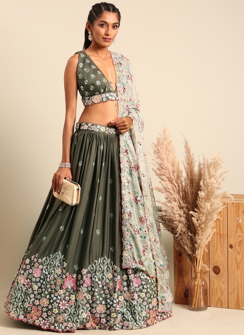 Olive Chinon Sequins Wedding Lehenga Choli