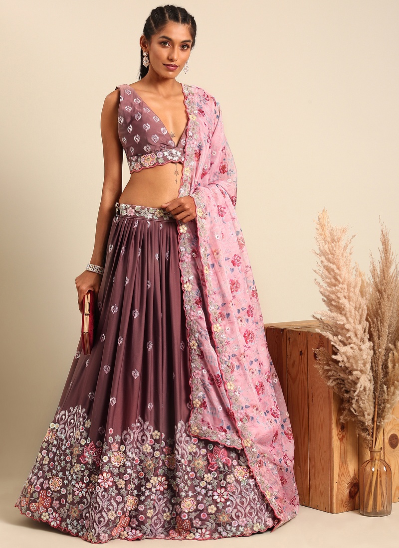 Rose Gold Chinon Sequins Wedding Lehenga Choli