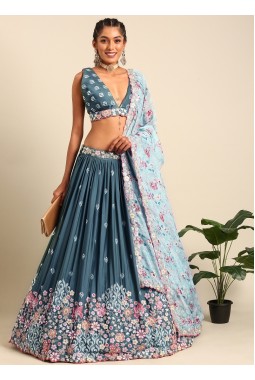 Teal Blue Chinon Sequins Wedding Lehenga Choli