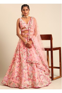 Pink Organza Sequins Wedding Lehenga Choli