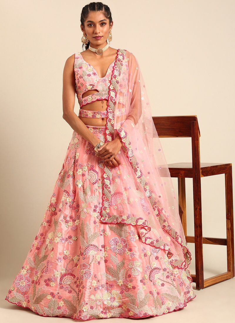 Pink Organza Sequins Wedding Lehenga Choli Pink Organza Sequins Wedding Lehenga Choli