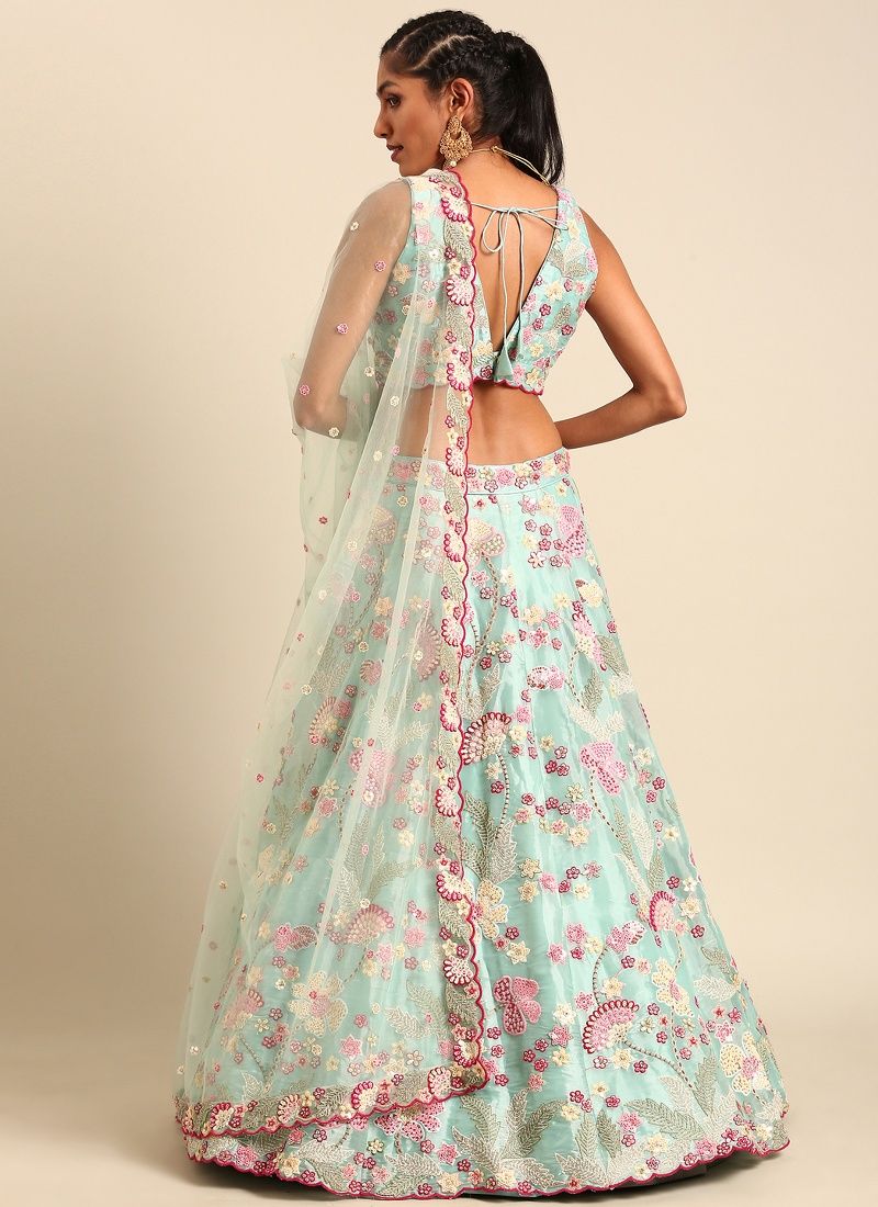 Turquoise Blue Organza Sequins Wedding Lehenga Choli Turquoise Blue Organza Sequins Wedding Lehenga Choli