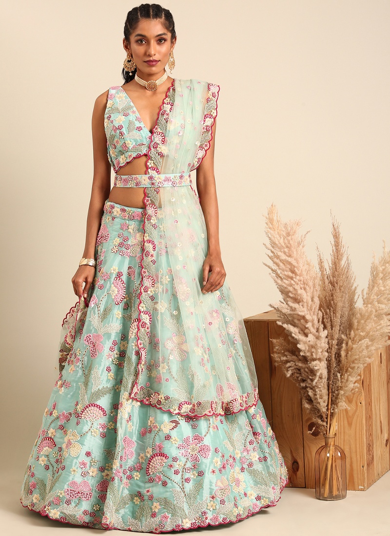 Turquoise Blue Organza Sequins Wedding Lehenga Choli Turquoise Blue Organza Sequins Wedding Lehenga Choli