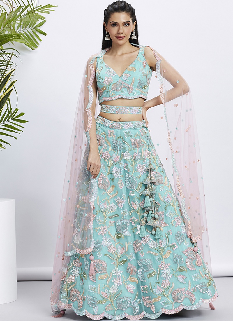 Turquoise Blue Net Sequins Wedding Lehenga Choli Turquoise Blue Net Sequins Wedding Lehenga Choli