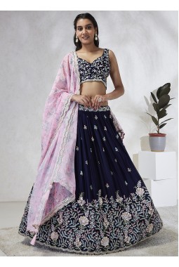 Navy Blue Georgette Sequins Wedding Lehenga Choli 