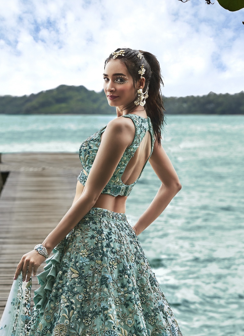 Turquoise Blue Organza Sequins Wedding Lehenga Choli Turquoise Blue Organza Sequins Wedding Lehenga Choli