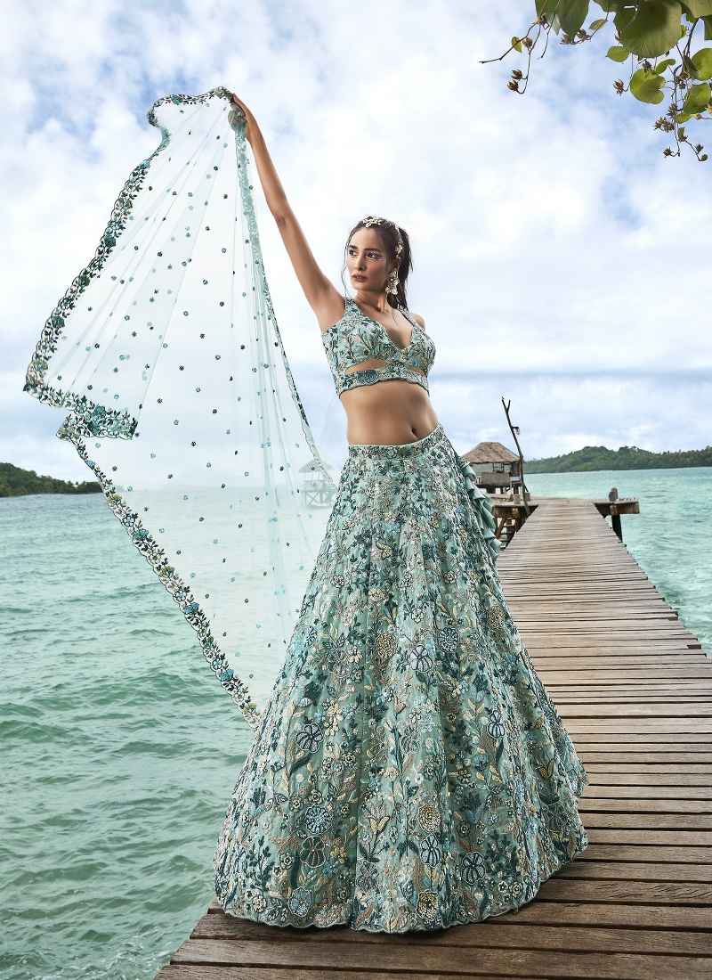 Turquoise Blue Organza Sequins Wedding Lehenga Choli Turquoise Blue Organza Sequins Wedding Lehenga Choli