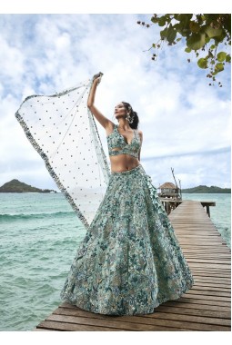 Turquoise Blue Organza Sequins Wedding Lehenga Choli
