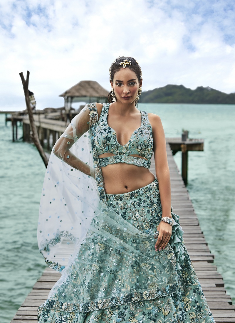 Turquoise Blue Organza Sequins Wedding Lehenga Choli Turquoise Blue Organza Sequins Wedding Lehenga Choli