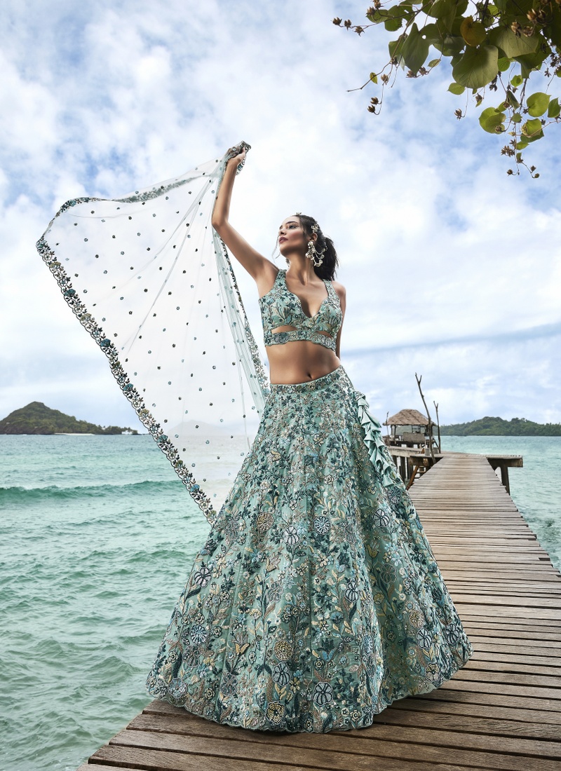 Turquoise Blue Organza Sequins Wedding Lehenga Choli Turquoise Blue Organza Sequins Wedding Lehenga Choli