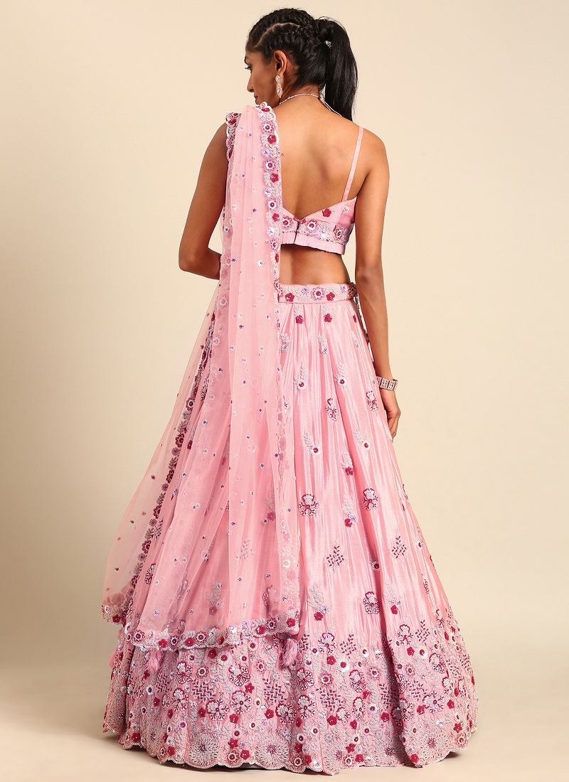 Peach Pure Georgette Sequins Wedding Lehenga Choli