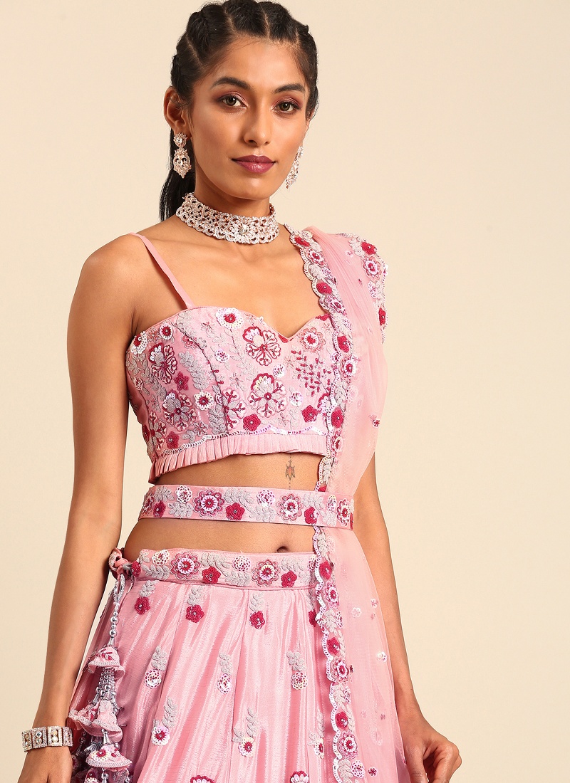 Peach Pure Georgette Sequins Wedding Lehenga Choli