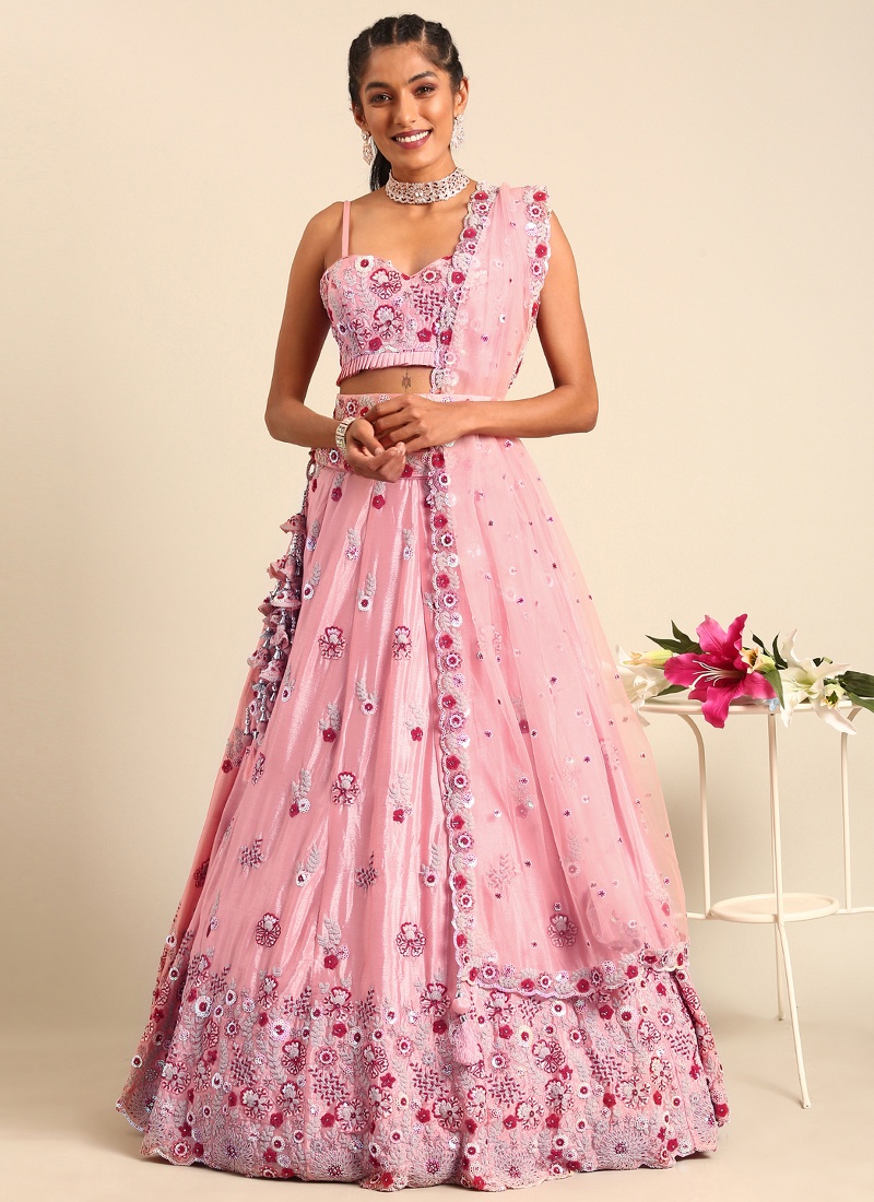 Peach Pure Georgette Sequins Wedding Lehenga Choli