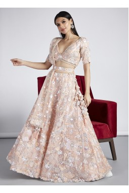 Peach Organza Sequins Wedding Lehenga Choli