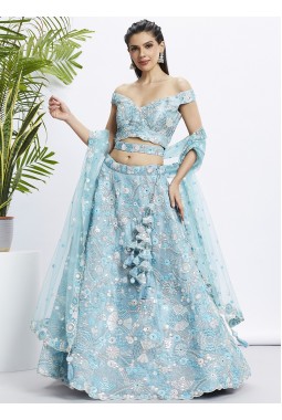 Sky Blue Organza Sequins Wedding Lehenga Choli