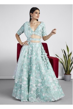 Turquoise Blue Organza Sequins Wedding Lehenga Choli