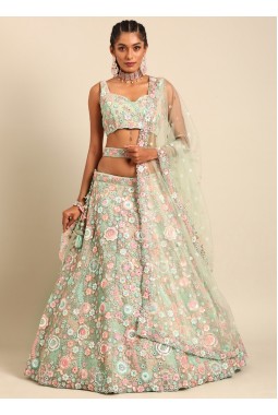 Lime Green Net Sequins Wedding Lehenga Choli