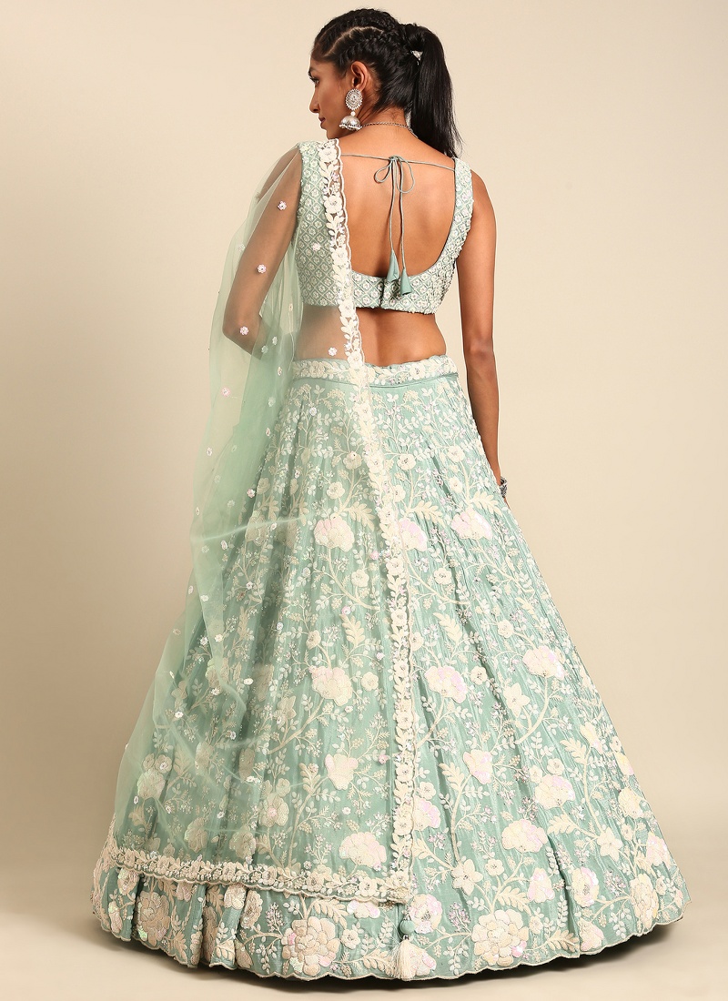 Sea Green Chinon Sequins Wedding Lehenga Choli 