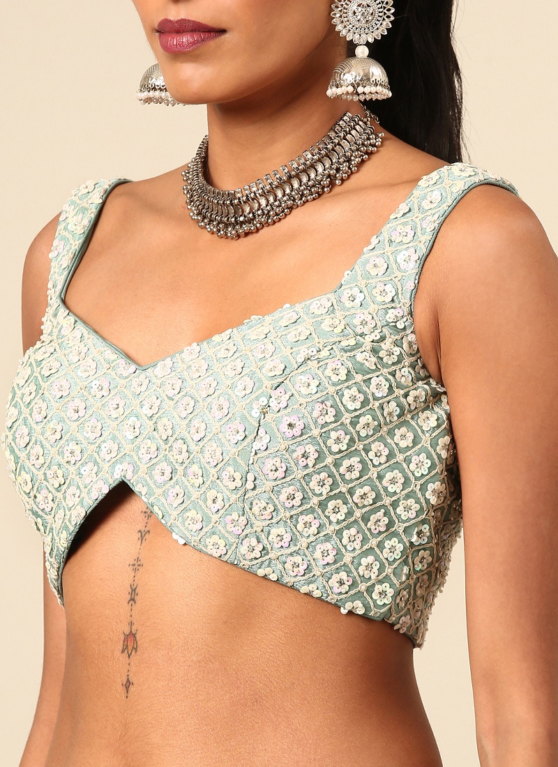 Sea Green Chinon Sequins Wedding Lehenga Choli 