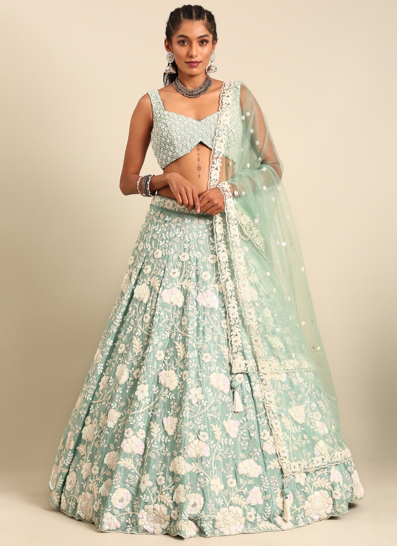 Sea Green Chinon Sequins Wedding Lehenga Choli 