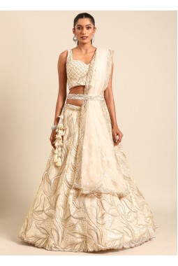 Cream Net Sequins Wedding Lehenga Choli