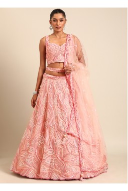 Coral Pink Net Sequins Wedding Lehenga Choli