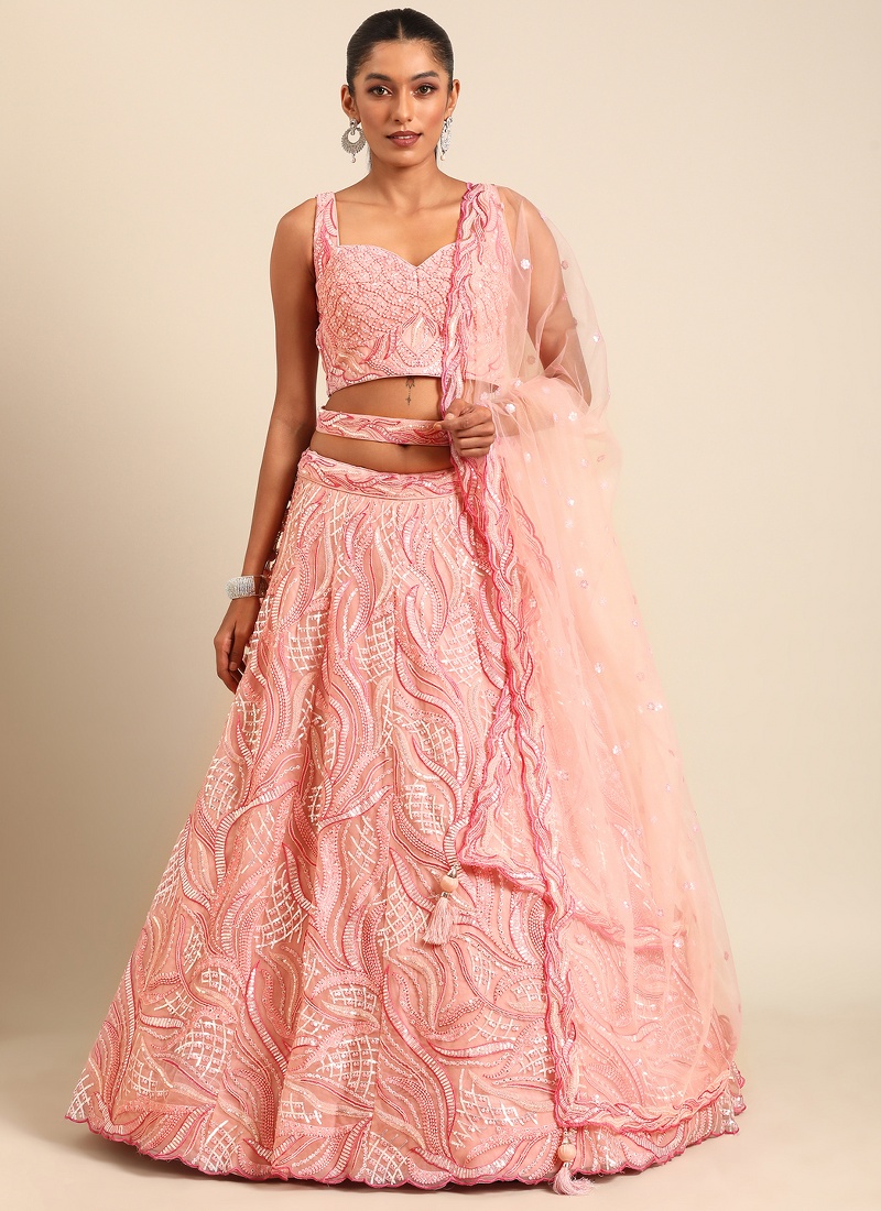 Coral Pink Net Sequins Wedding Lehenga Choli