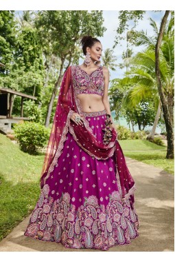 Burgundy Satin Silk Sequins Wedding Lehenga Choli