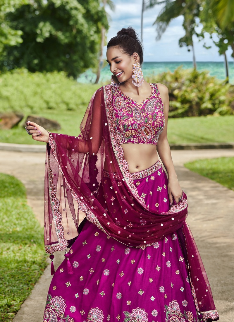 Burgundy Satin Silk Sequins Wedding Lehenga Choli Burgundy Satin Silk Sequins Wedding Lehenga Choli