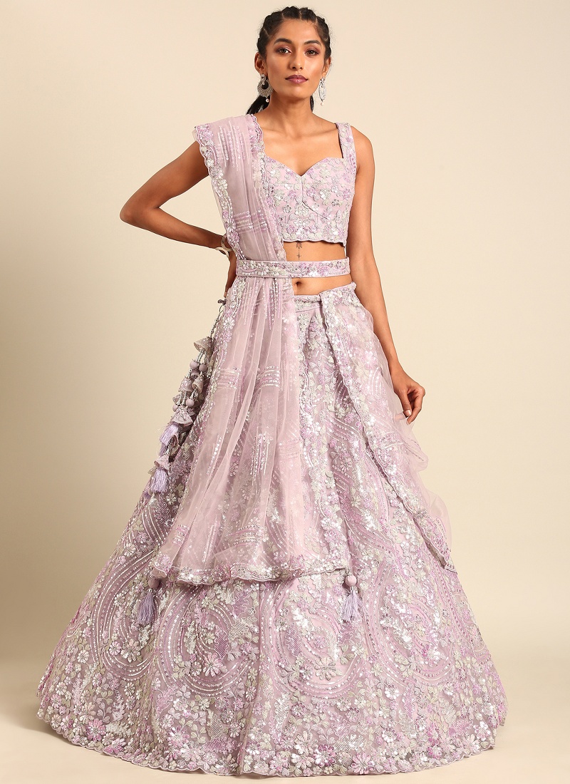 Lavender Net Sequins Wedding Lehenga Choli