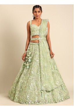 Lime Green Net Sequins Wedding Lehenga Choli