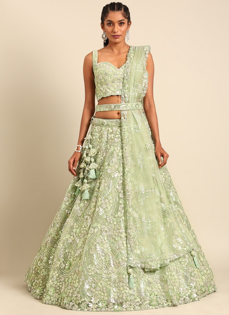 Lime Green Net Sequins Wedding Lehenga Choli