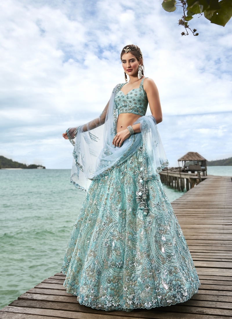 Turquoise Blue Net Sequins Wedding Lehenga Choli