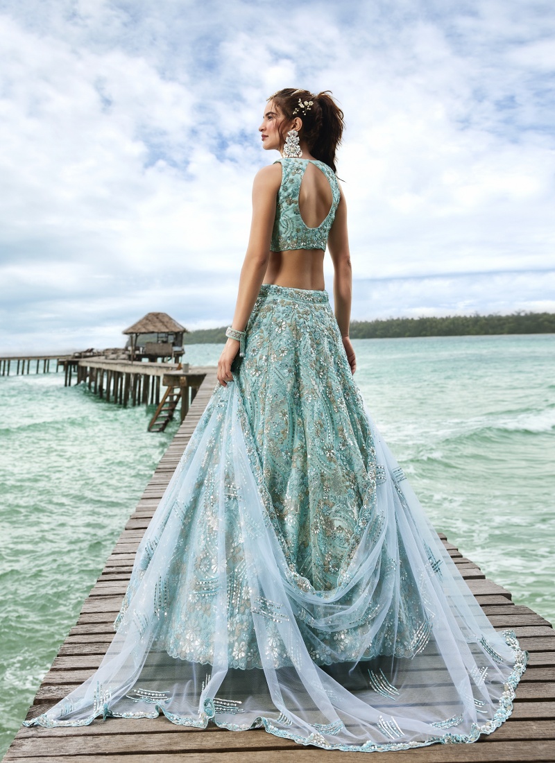 Turquoise Blue Net Sequins Wedding Lehenga Choli