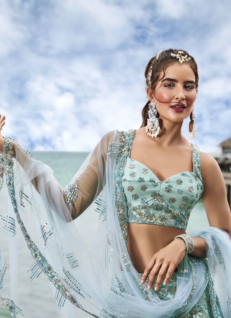 Turquoise Blue Net Sequins Wedding Lehenga Choli