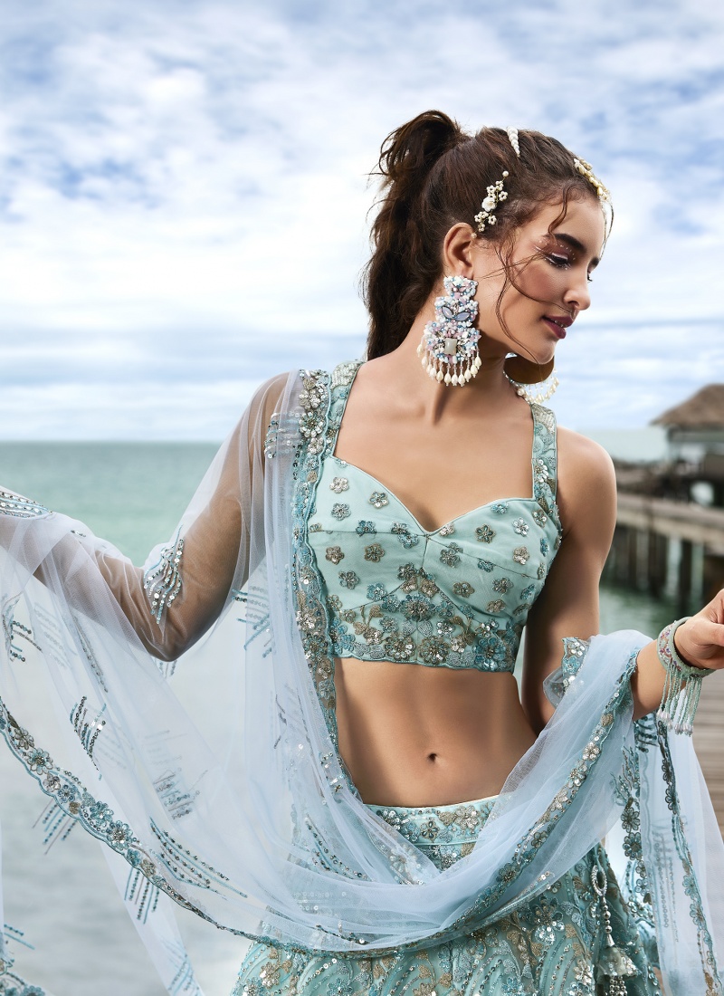 Turquoise Blue Net Sequins Wedding Lehenga Choli