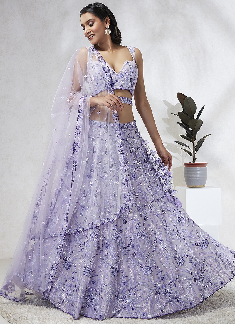 Lavender Georgette Sequins Wedding Lehenga Choli