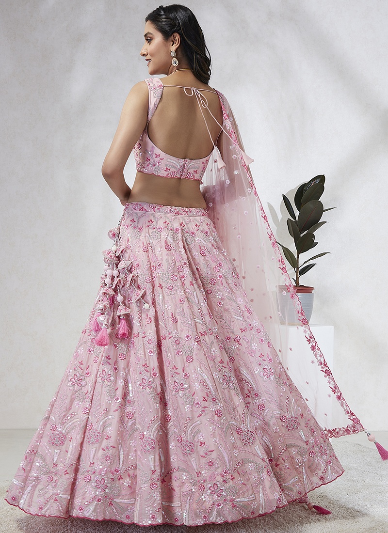 Pink Georgette Sequins Wedding Lehenga Choli